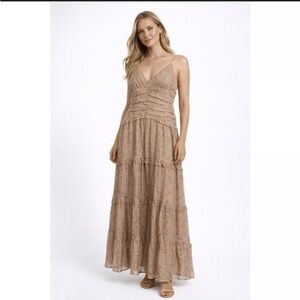 Storia Beige Lace Tiered Maxi Dress